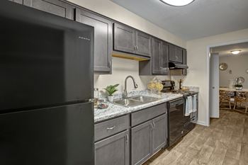 A kitchen with a black fridge and cabinets.