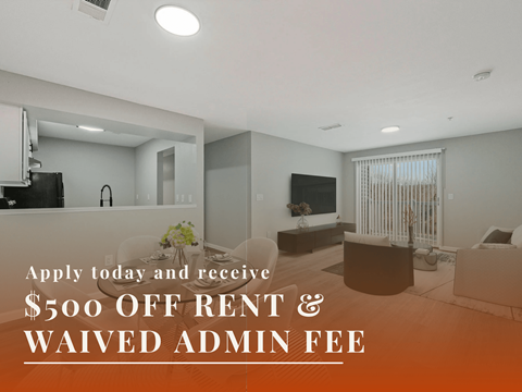 A room with a kitchen area and a living room with a sofa and a TV.