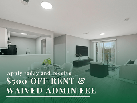 A modern living room with a kitchen area and a promotion for $500 off rent and waived admin fee.