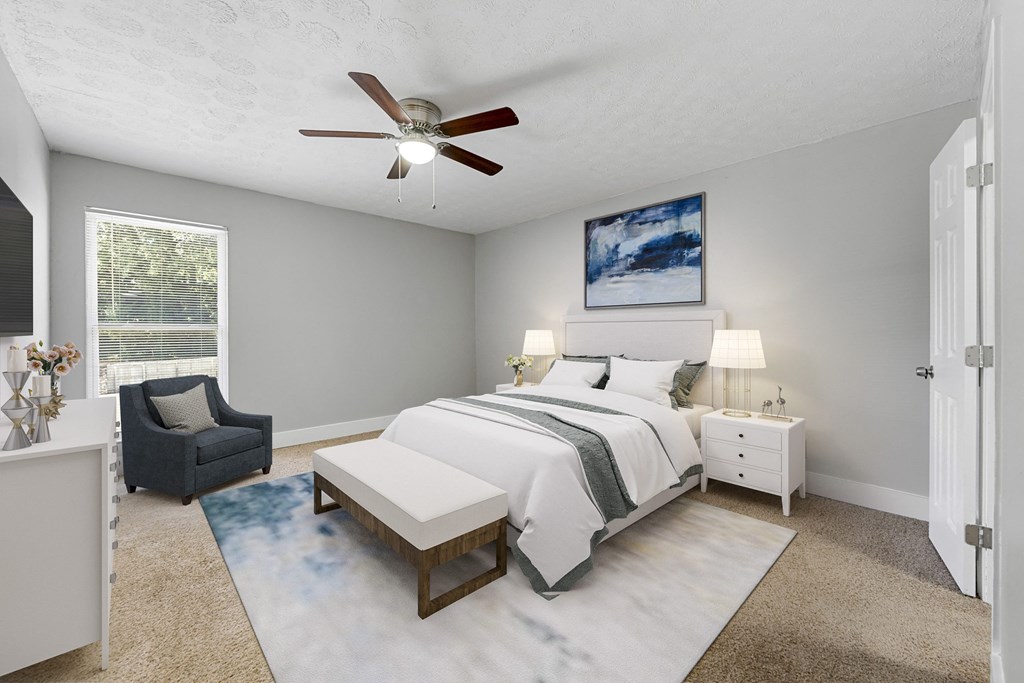 Bedroom with ceiling fan Bedroom with ceiling fan at Balfour Chastain, Sandy Springs, GA