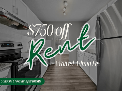A kitchen advertisement offering $750 off rent plus a waived admin fee.
