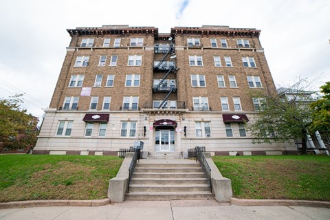 A large building with a fire escape on the side.