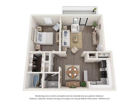 a one bedroom floor plan at the Fields at Peachtree Apartments in Peachtree Corners, Georgia