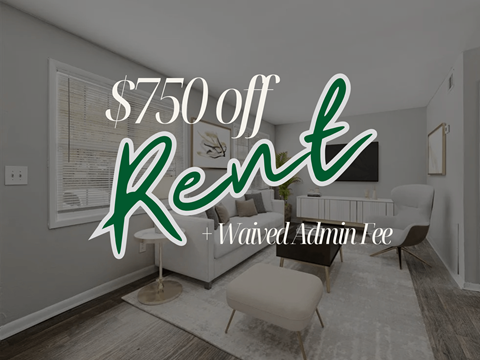 A living room with a $750 rent offer and a waived admin fee.