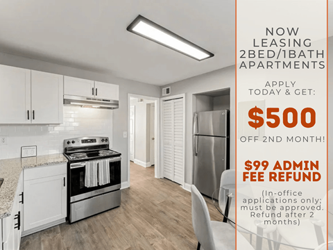 A kitchen area of a 2 bedroom/1 bath apartment with a $500 off 2nd month offer.