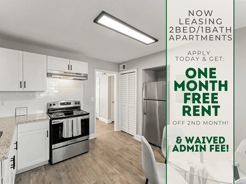 A promotional image for leasing apartments with a one month free rent offer.