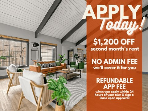 A promotional image for an apartment advertises a $1,200 discount on the second month's rent and mentions that the admin fee is refundable.