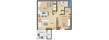 A floor plan of a house showing a kitchen, living room, bedrooms, bathrooms, and storage.