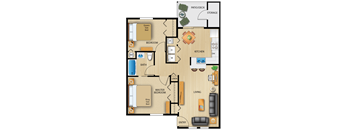 A floor plan of a house with a master bedroom, a queen size bed, a king size bed, a bathroom, a kitchen, a living room, and a storage area.