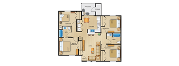 A detailed layout of a house plan with multiple bedrooms, a living room, a kitchen, a bath, and a storage area.