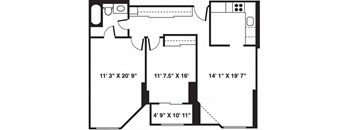 the schematic floor plan of a house with a kitchen and a living room