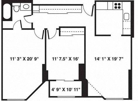 the schematic floor plan of a house with a kitchen and a living room