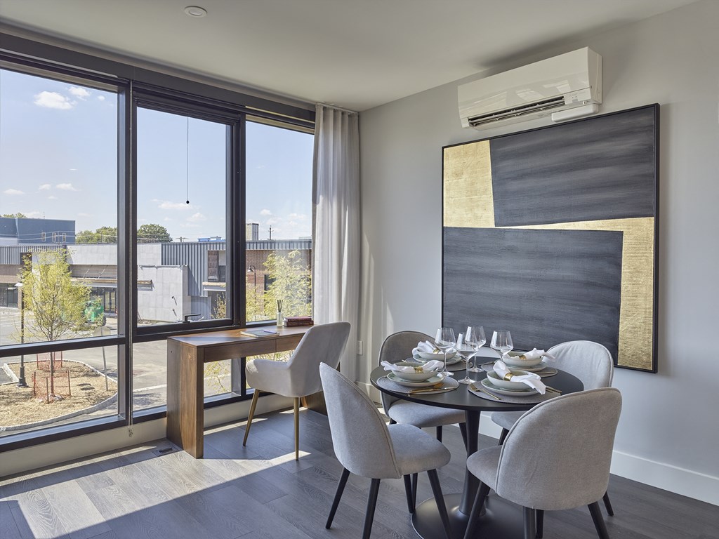 floor to ceiling windows, hardwood flooring, large one bed