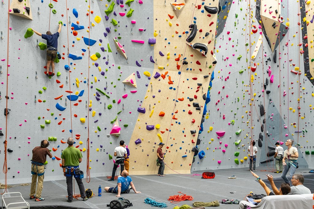 A group of people are climbing on an indoor rock wall.
