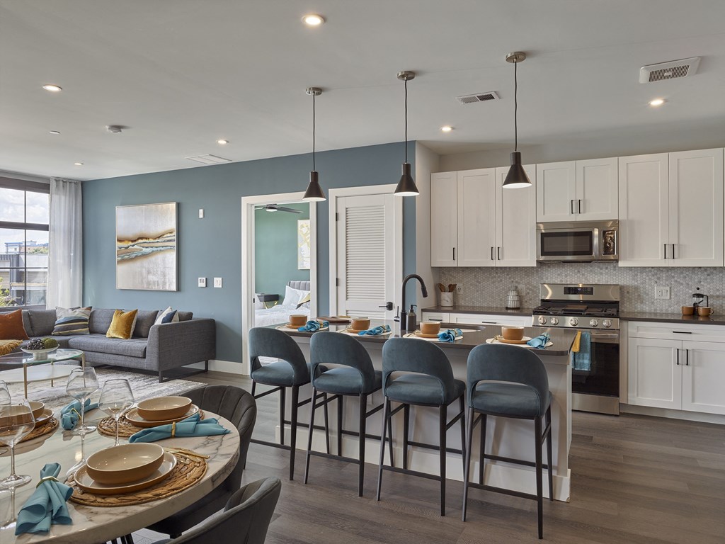 large two bedroom two bathroom, chef-inspired kitchen, dining area,