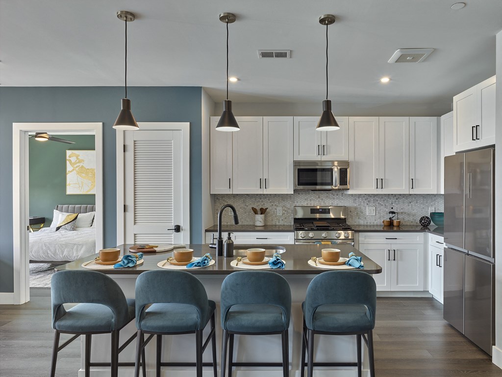 large kitchen, stainless steel appliances