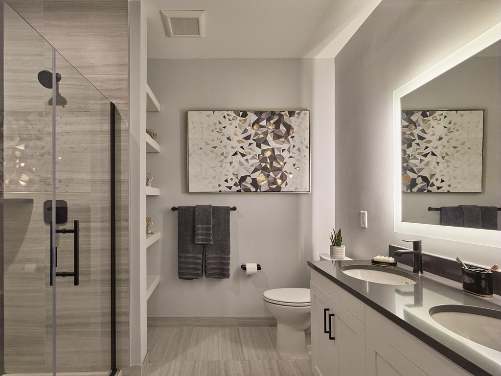 large master bath, backlit vanity, double sink, glass shower stall,