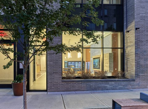 A modern building with glass windows and a tree in front.