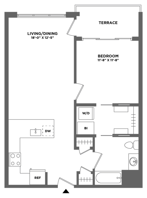 large one bed, washer dryer in unit, balcony, luxury finishes