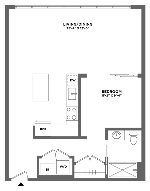 large one bed, washer dryer in unit, luxury finishes, oversized windows
