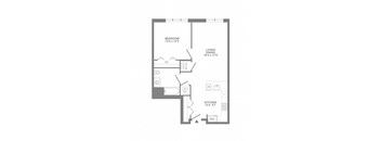 A floor plan of a small apartment with a bedroom, living/dining area, kitchen, and a reference line.