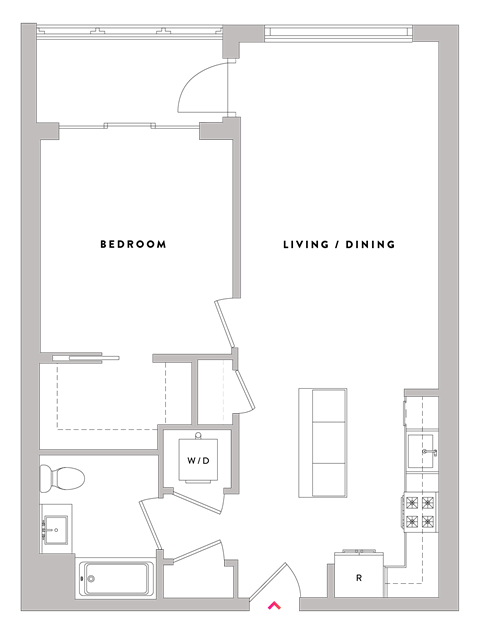 one bed, private balcony, open layout, hardwood floors