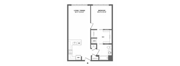 A floor plan of a small apartment with a living/dining area, bedroom, and a WC.