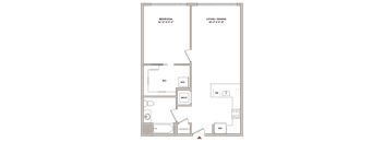 A floor plan of a room with a bedroom, living/dining area, and a WC.