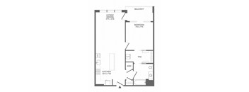 A black and white image of a floor plan for a home with a living/dining area, kitchen, bathroom, bedroom, and work area.