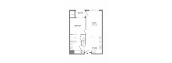 A floor plan of a small apartment with a bedroom, living room, kitchen, and a hallway.
