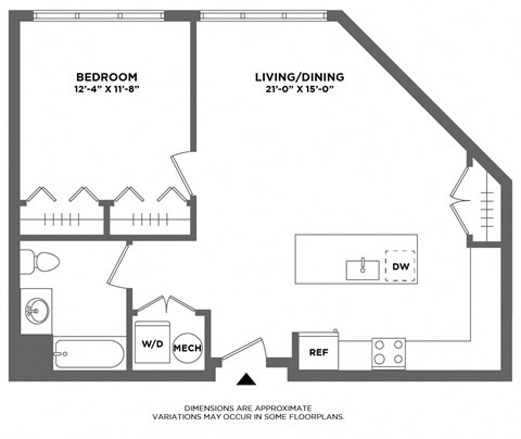 large one bed, open layout, luxury finishes, washer dryer in unit, open layout