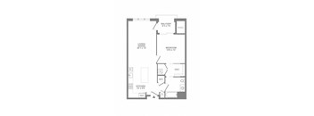 A floor plan of a small apartment with a living room, dining room, kitchen, bedroom, and bathroom.