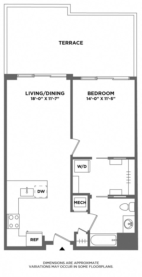 one bed, large terrace, balcony, walk in closet, open floorplan, luxury finishes
