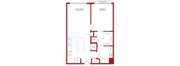 A floor plan of a Jujet Balcony with a living/dining area and a bedroom.