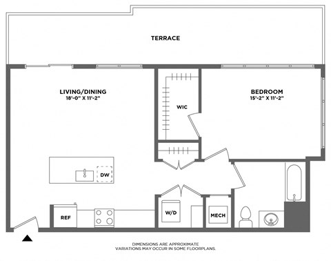 large one bedroom, large walk in closet, huge private terrace, washer dryer in unit, luxury finishes, stainless steel appliances