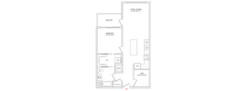 A floor plan of a living and dining area with a balcony and a bedroom.
