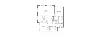 A floor plan of a small apartment with a living room, dining room, kitchen, and two bedrooms.