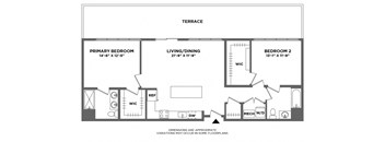 penthouse two bedroom, high ceilings, walk in closets, double vanity, large terrace, open living area, washer dryer in home, luxury finishes