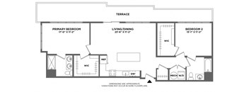 penthouse apartment, large two bed, walk in closets, double vanity, luxury finishes, washer dryer in home, hardwood floors, private terrace