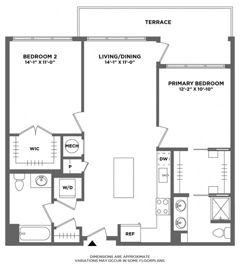 private terrace, walk in closets, open layout, double vanity, washer dryer in unit