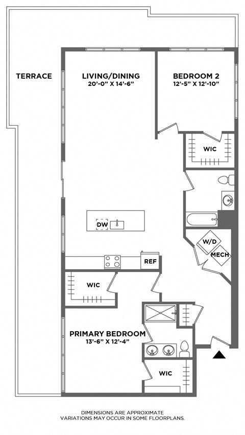 wraparound terrace, corner two bedroom home, large two bed, luxury finishes, walk in closets, double vanity, washer dryer in home, open living area