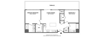 large private terrace, double vanity, open layout, washer dryer in unit, shower stall, oversized windows, hardwood floors