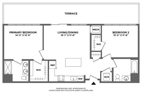 large private terrace, double vanity, open layout, washer dryer in unit, shower stall, oversized windows, hardwood floors