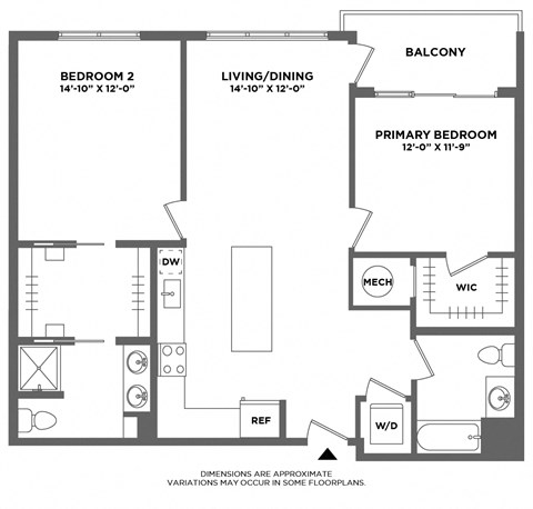 open floorplan, two bed two bath, double vanity, walk in closet, private balcony, oversized closet, washer dryer in unit, luxury finishes