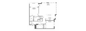 A floor plan of a house with a master bedroom, a living/dining area, a kitchen, a bathroom, and a balcony.