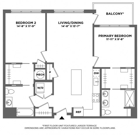 expansive two bedroom, private balcony, double vanity, walk in closets, hardwood floors, luxury finishes,