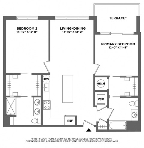 luxury finishes, private terrace, large two bedroom, double vanity, walk in closets, washer dryer in unit, large kitchen, open living area