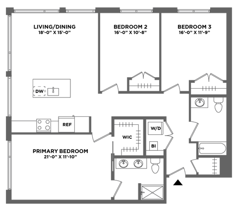 large three bed, corner views, walk in closets, work from home, office, closet space