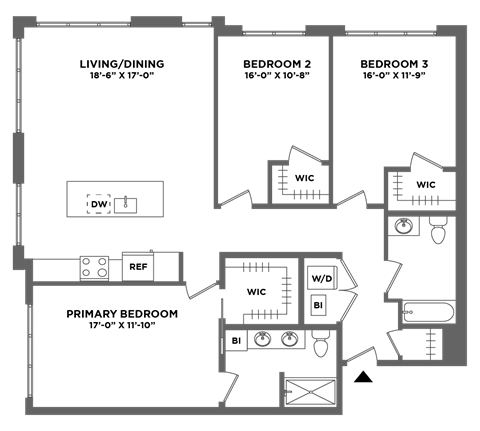 three bed, corner views, walk in closet, washer dryer in unit, office space, stall shower, tub shower