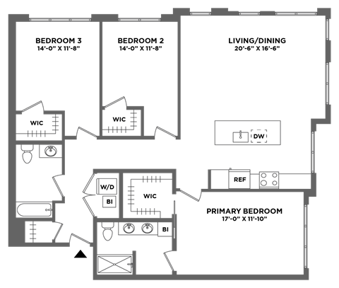 large three bedroom two bath, master suite, walk in closets, luxury finishes, corner unit, oversized wndows